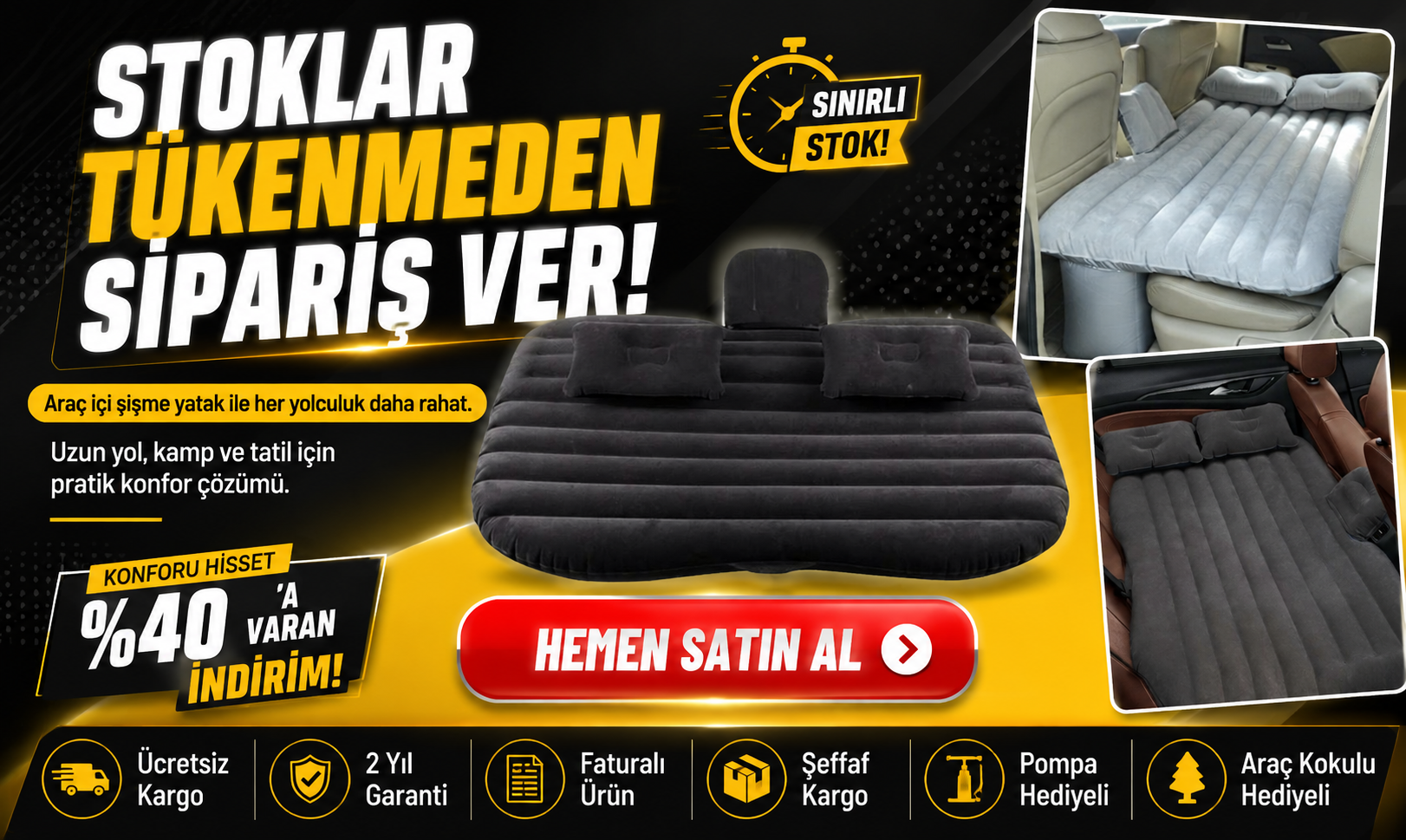 Araç Şişme Yatağı + POMPA HEDİYELİ